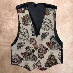 Vintage 90s Holiday Christmas Tapestry Vest Multicolor Santa Snowman Sleeveless